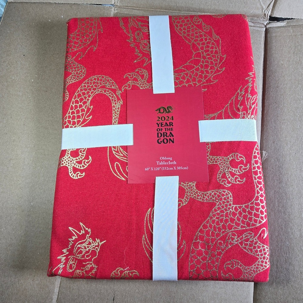 Year of the Dragon 2024 Red Gold Oblong Tablecloth 60x120 Cotton Lunar New Year